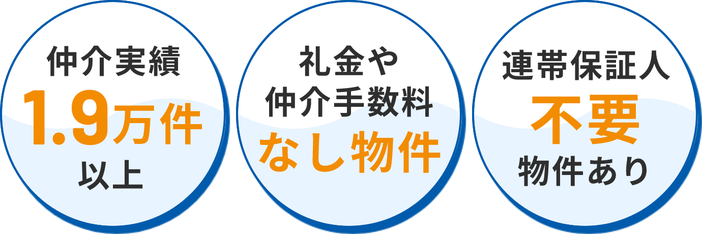 仲介実績1.9万件以上 礼金や仲介手数料なし物件 連帯保証人不要物件あり